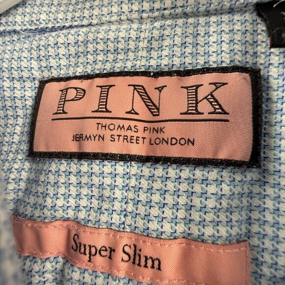 Thomas Pink Super Slim 14.5 Check Cotton Blue Shirt Long Sleeve Mens Button Up - Picture 14 of 16